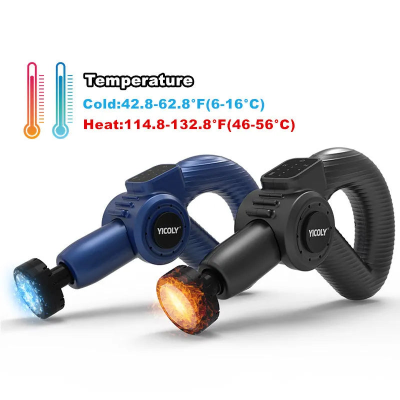 Black smart muscle massage gun with heat and cold therapy settings and five attachable heads