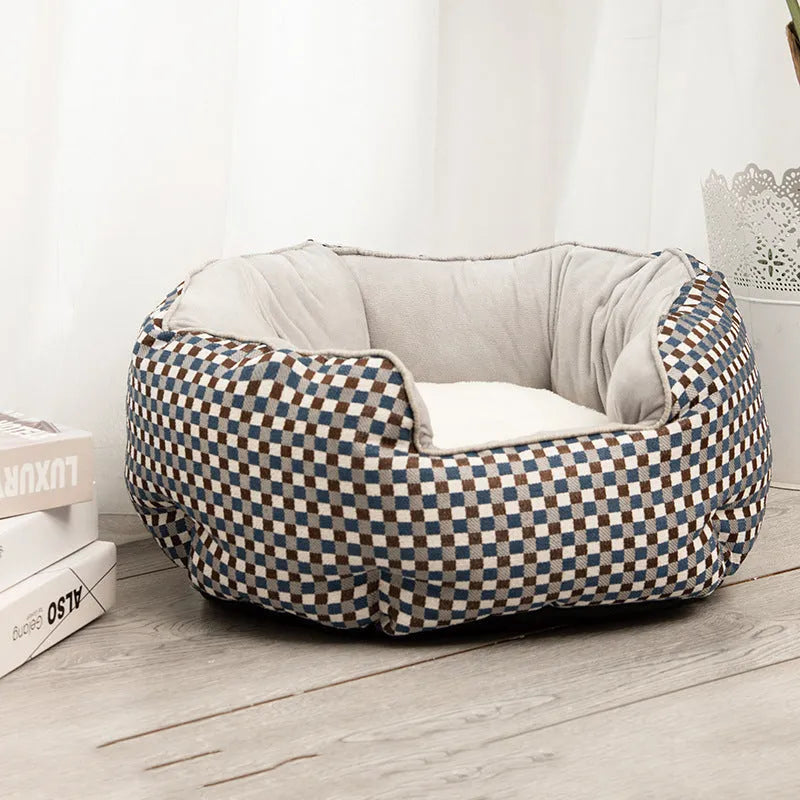 Warm winter pet bed octagonal shape with wool point design and removable mats in blue for cats and small dogs