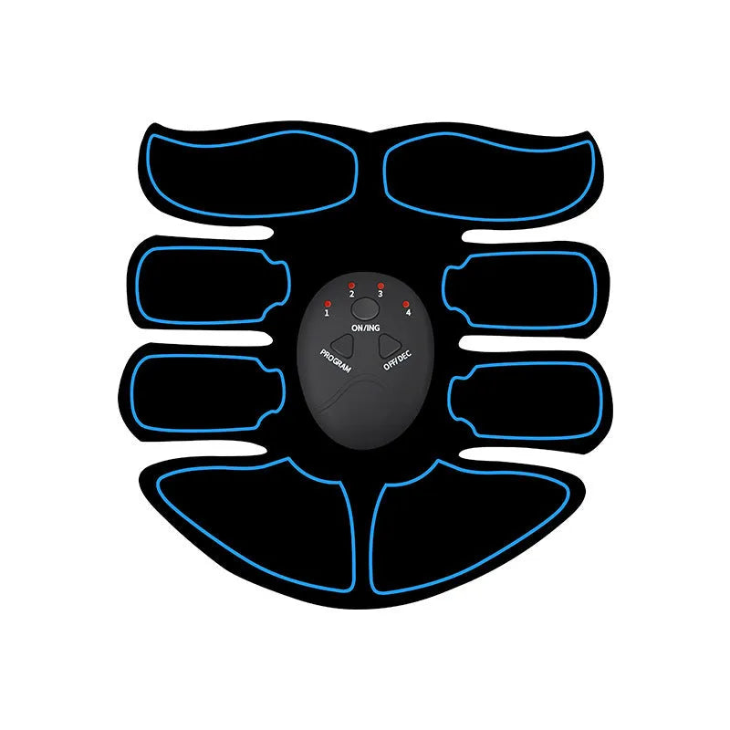 Abdominal muscle patch set with digital display in blue, red, and yellow edge options on a white background.