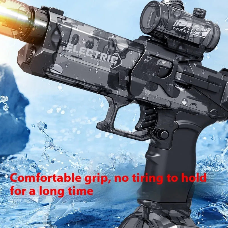 Fire Rat electric water pistol toy with LED lights in multiple colour options including black, blue, and red