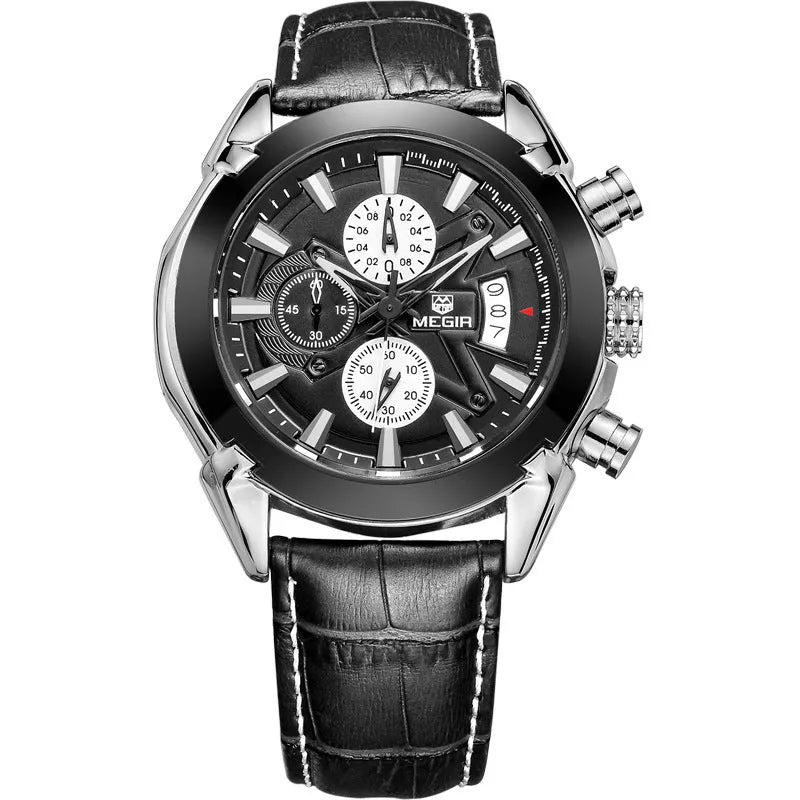 Men's multifunctional quartz watch with three sub-dials, waterproof construction and luminous elements
