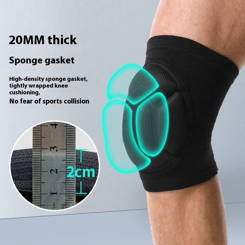 A pair of black thick sponge knee pads for dance and sports protection on a knee.