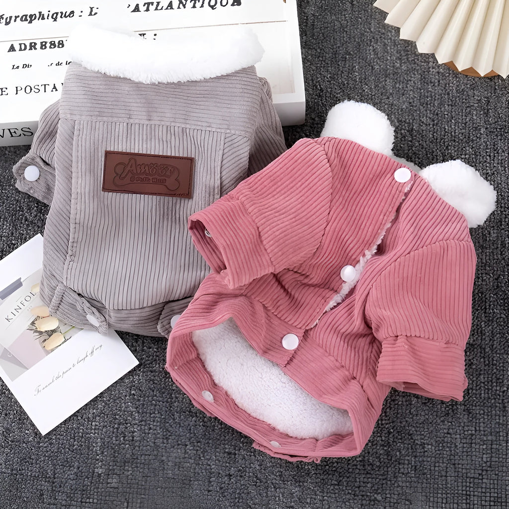 Grey lambswool fleece-lined dog vest for winter warmth, shown with size label.