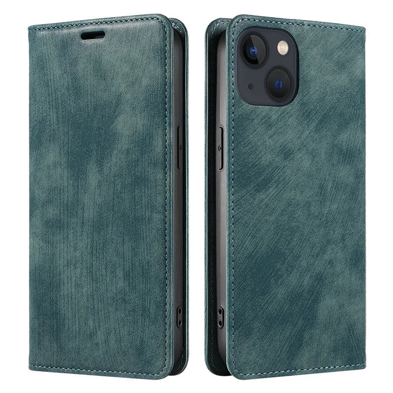 Magnetic flip phone case for iPhone in solid colour options showing TPU and leather construction
