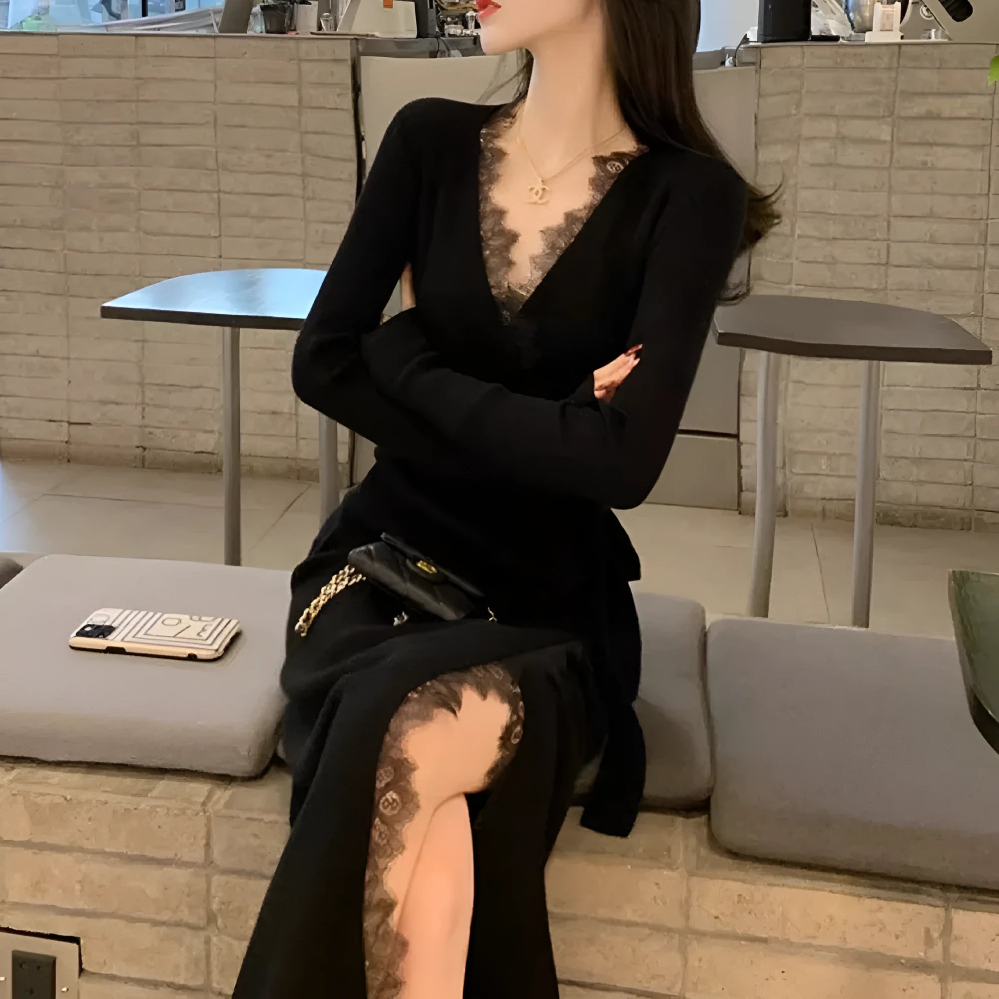 Black polyester women's slim fit princess dress skirt elegant style