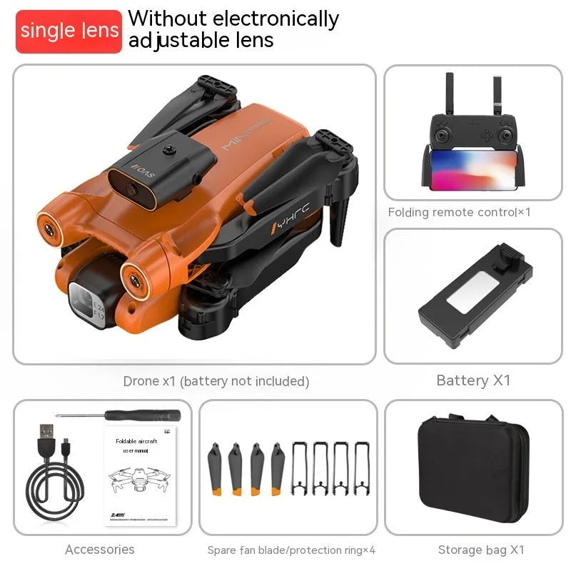 Black and orange remote-controlled quadcopter with HD camera folded for transport showing propeller blades and infrared sensors