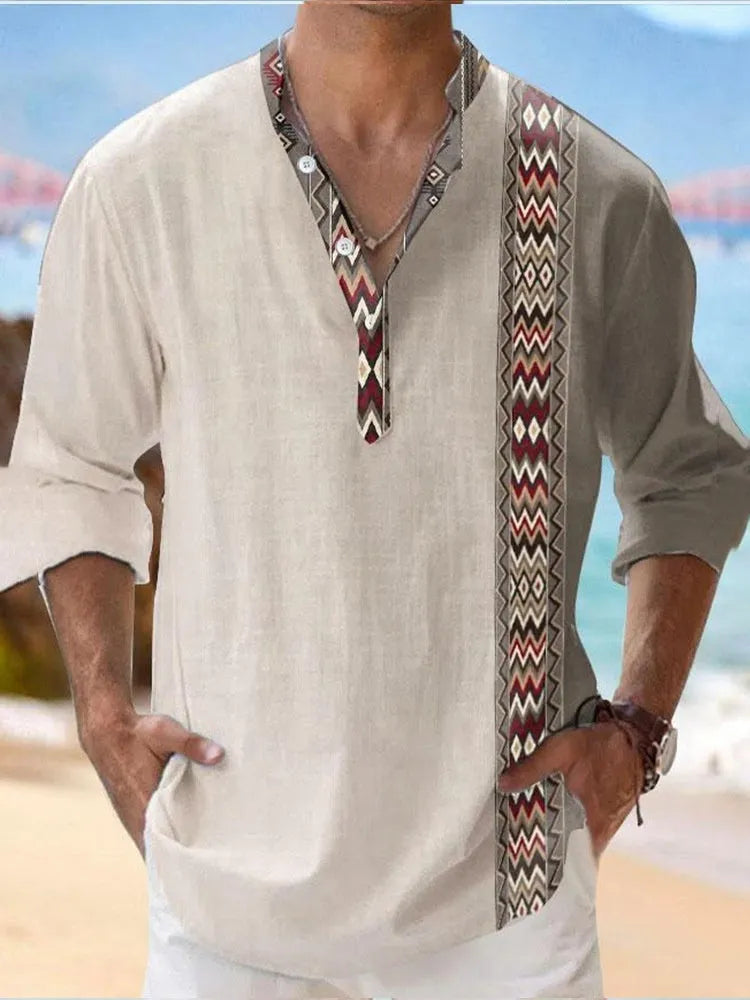 Thin striped long sleeve casual shirt in digital bamboo linen style on a hanger.