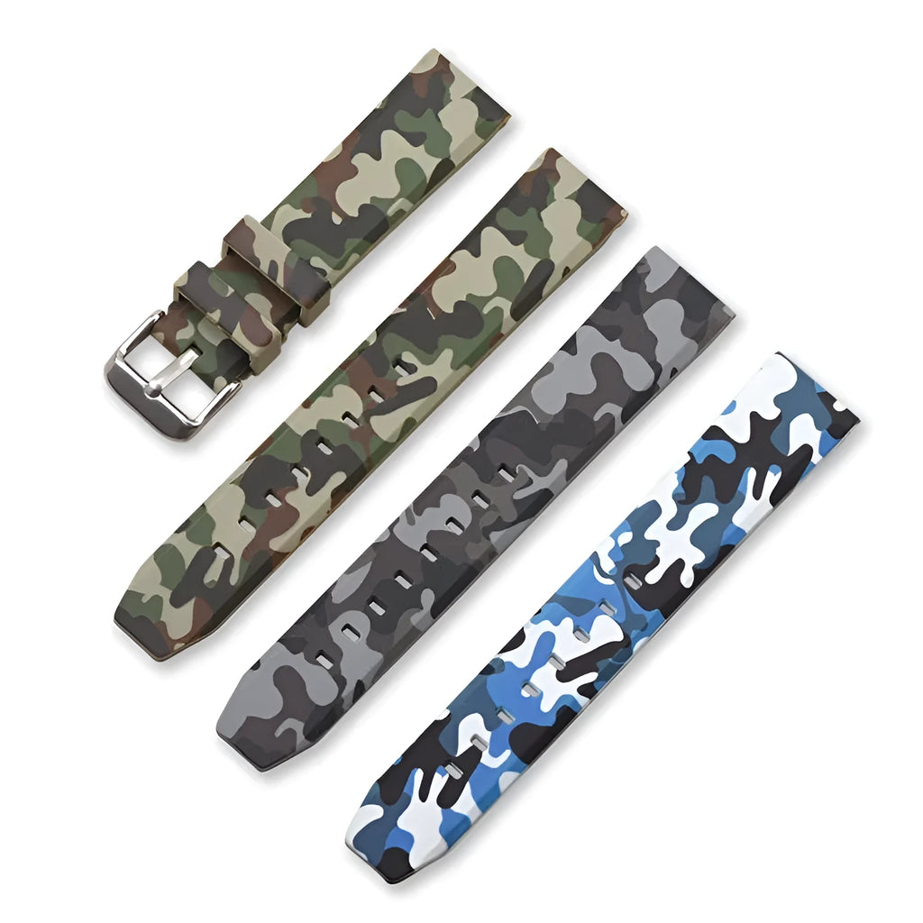 Green camouflage silicone watch strap with flat head lugs shown next to blue and grey versions.