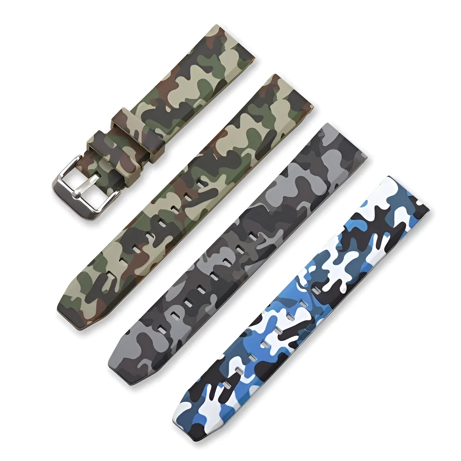 Green camouflage silicone watch strap with flat head lugs shown next to blue and grey versions.