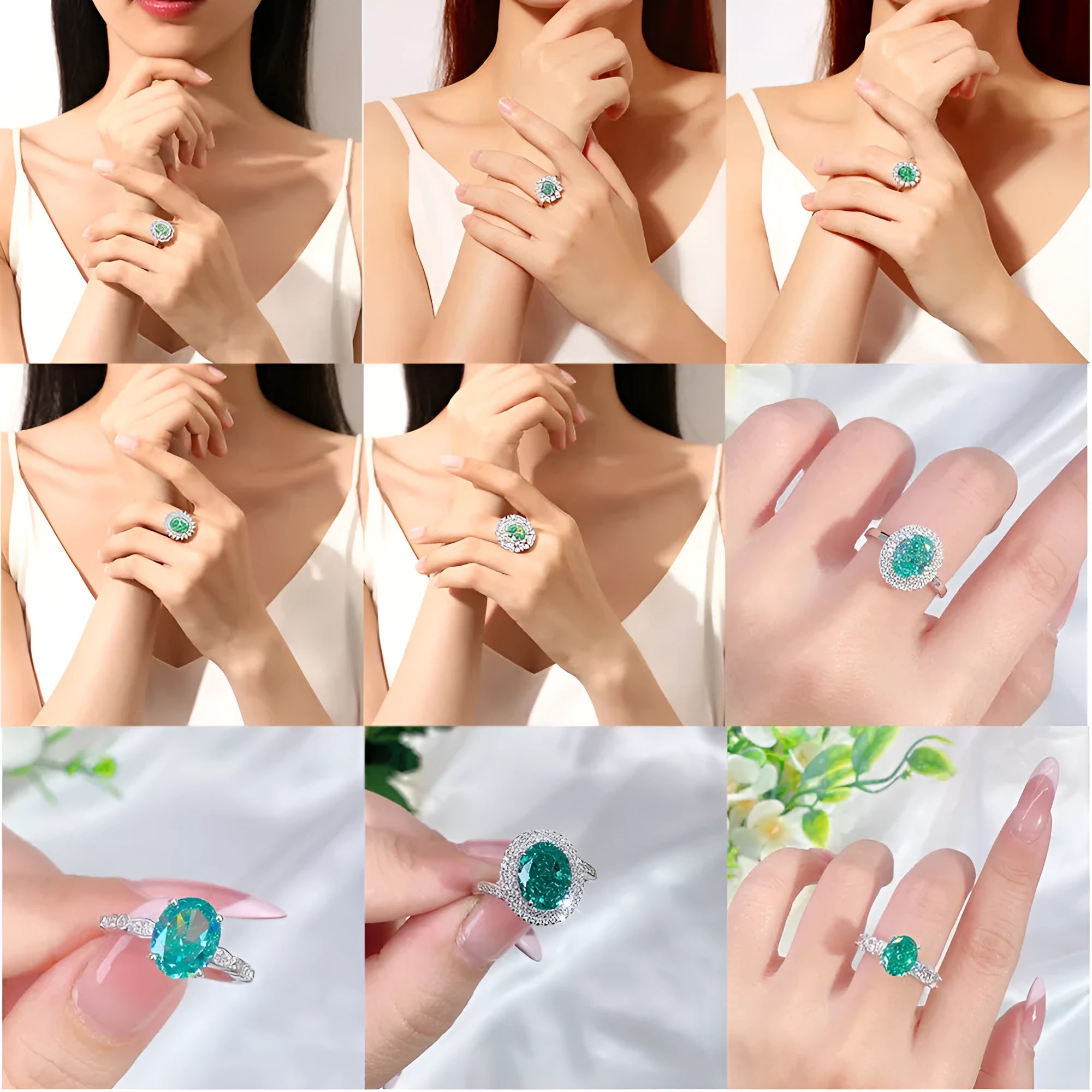 Women's oval emerald and diamond ring in sterling silver on a hand.