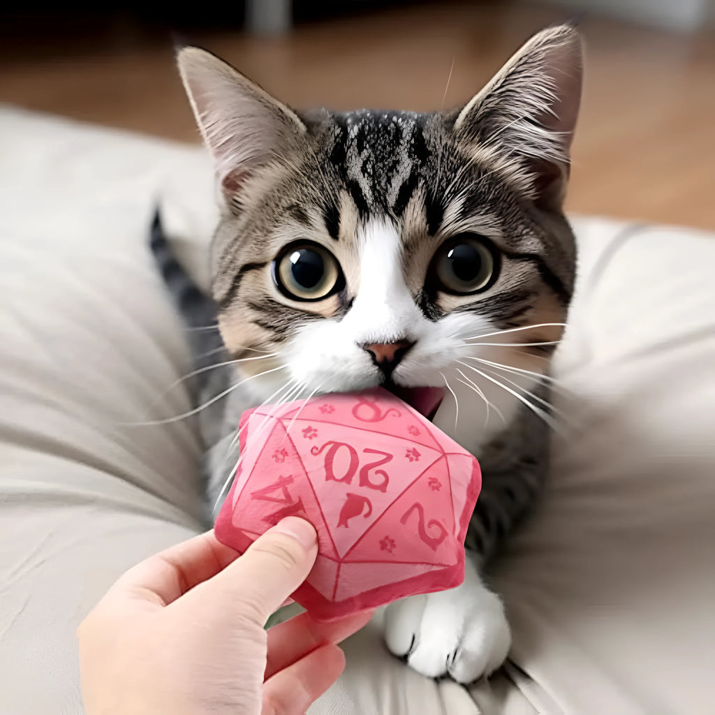 Blue dice catnip toy made of soft plush flannelette with organic catnip, designed for DND-themed interactive cat play