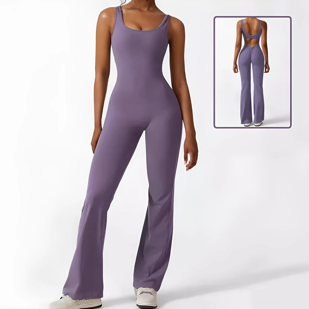 Women's sleeveless flare jumpsuit for yoga in polyester with high elasticity and fashionable waist