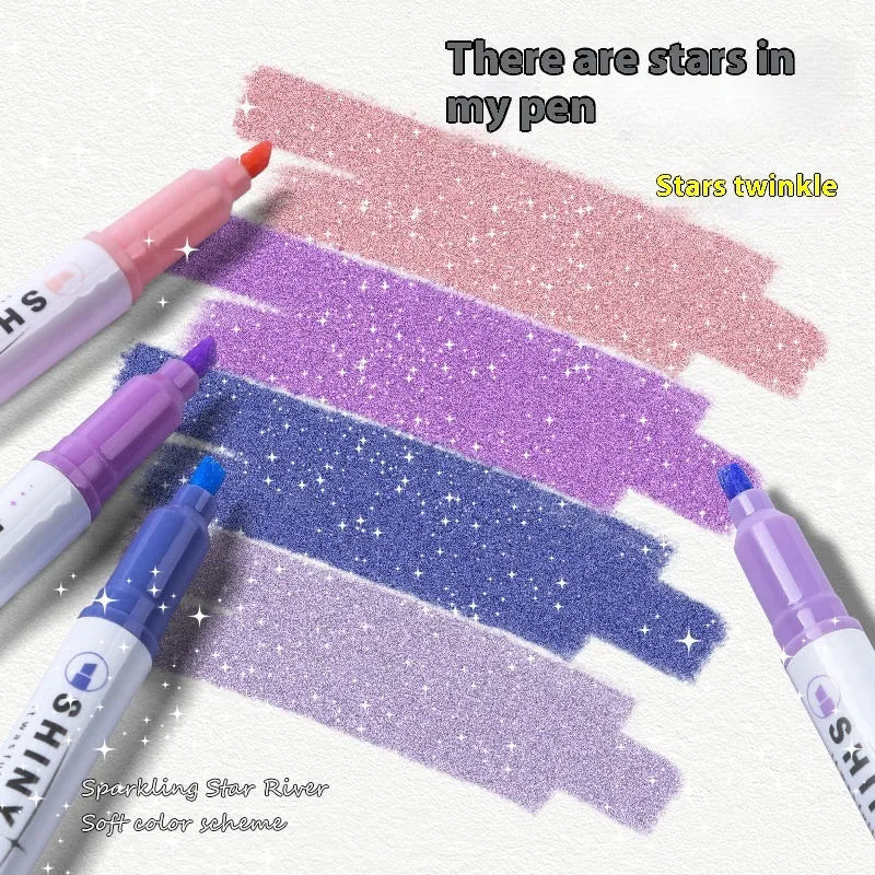 Set of four Sparkling Star River glitter fluorescent highlighter pens with slanted tips in assorted colours.