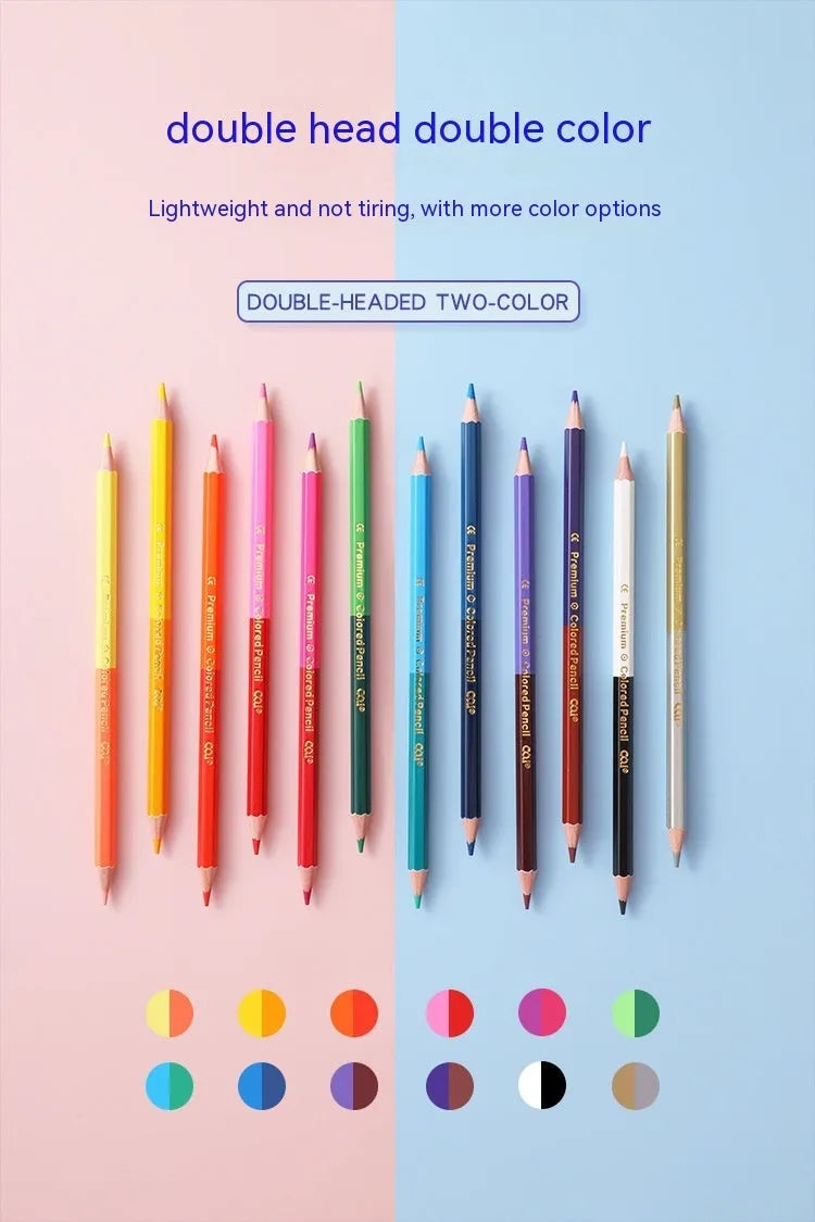 Wooden colour pencil set with double-headed leads in 12 or 6 piece configurations