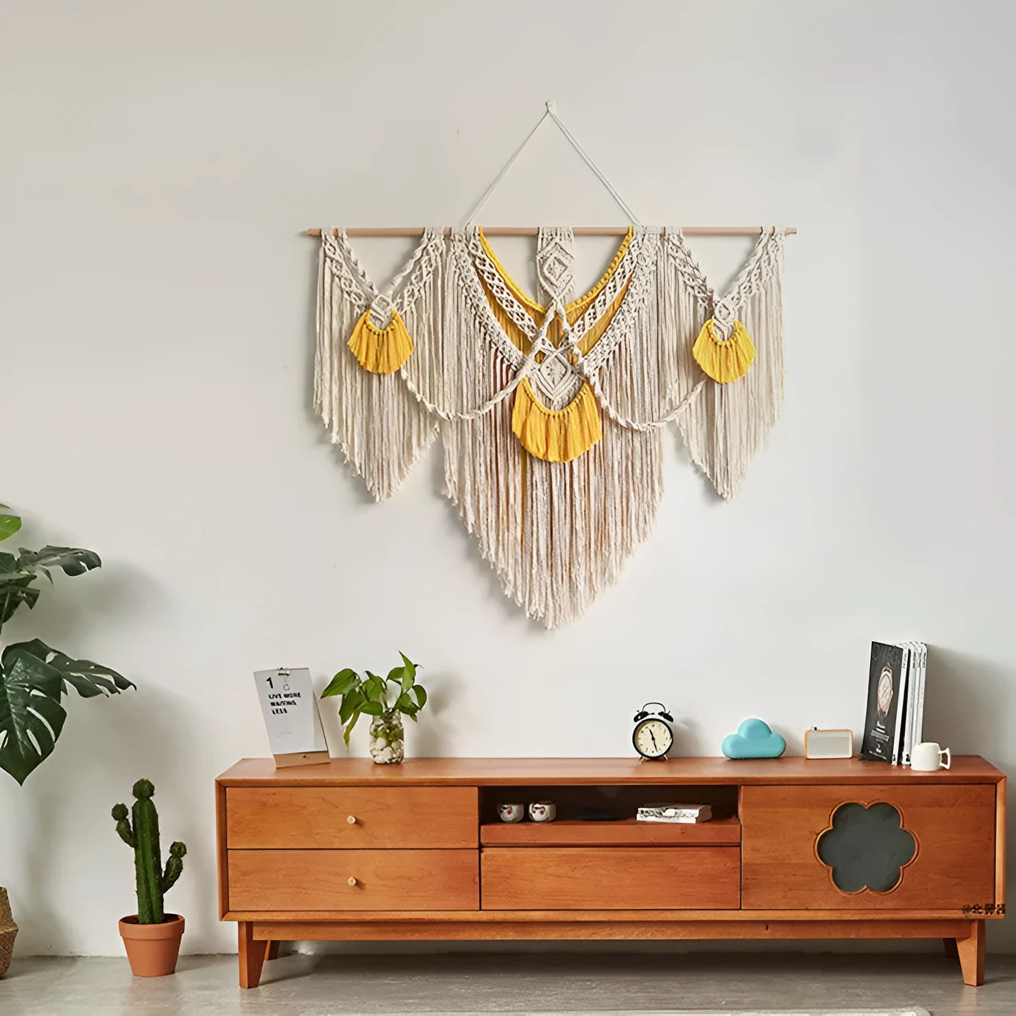 Nordic style hand-woven cotton wall tapestry rectangle 120cm x 95cm creamy white with yellow accents