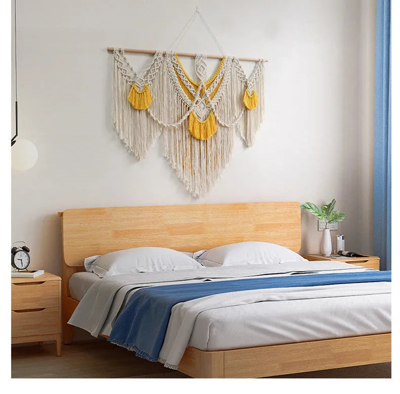 Nordic style hand-woven cotton wall tapestry rectangle 120cm x 95cm creamy white with yellow accents