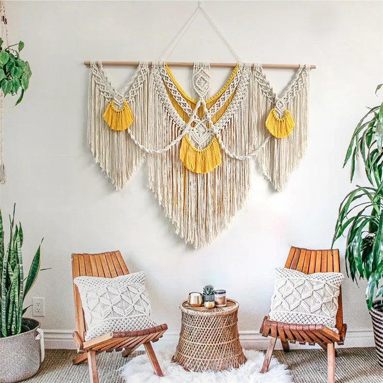 Nordic style hand-woven cotton wall tapestry rectangle 120cm x 95cm creamy white with yellow accents