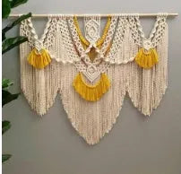 Nordic style hand-woven cotton wall tapestry rectangle 120cm x 95cm creamy white with yellow accents