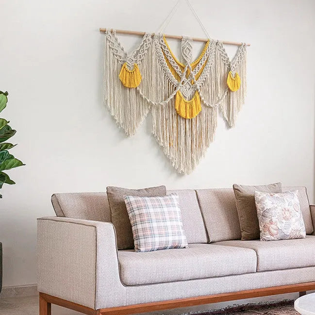 Nordic style hand-woven cotton wall tapestry rectangle 120cm x 95cm creamy white with yellow accents