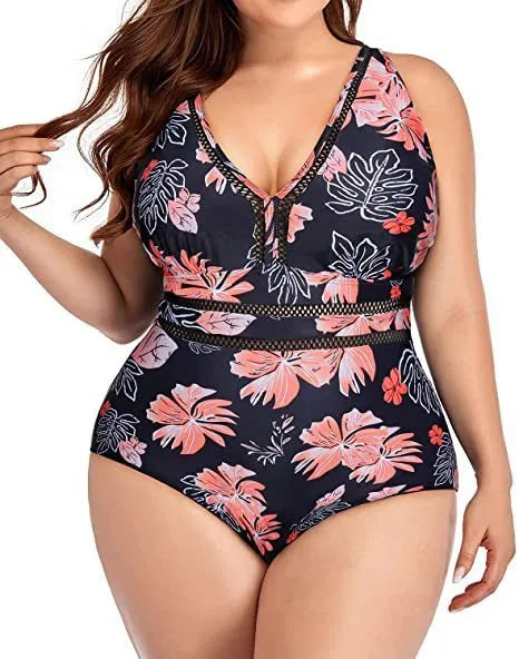 Women's black polyester mesh bikini with printing details in plus sizes S to 5XL