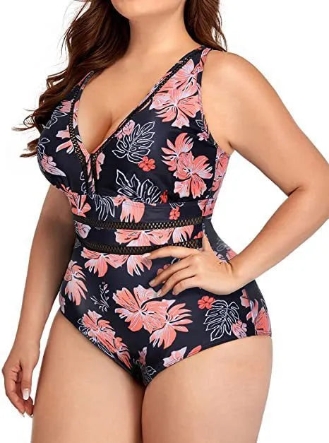 Women's black polyester mesh bikini with printing details in plus sizes S to 5XL