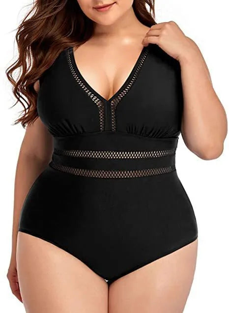 Women's black polyester mesh bikini with printing details in plus sizes S to 5XL