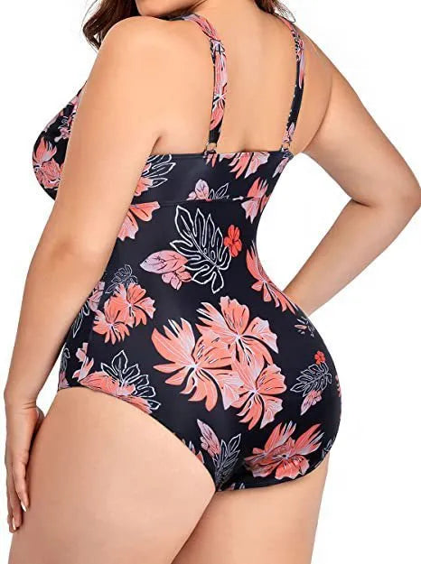 Women's black polyester mesh bikini with printing details in plus sizes S to 5XL