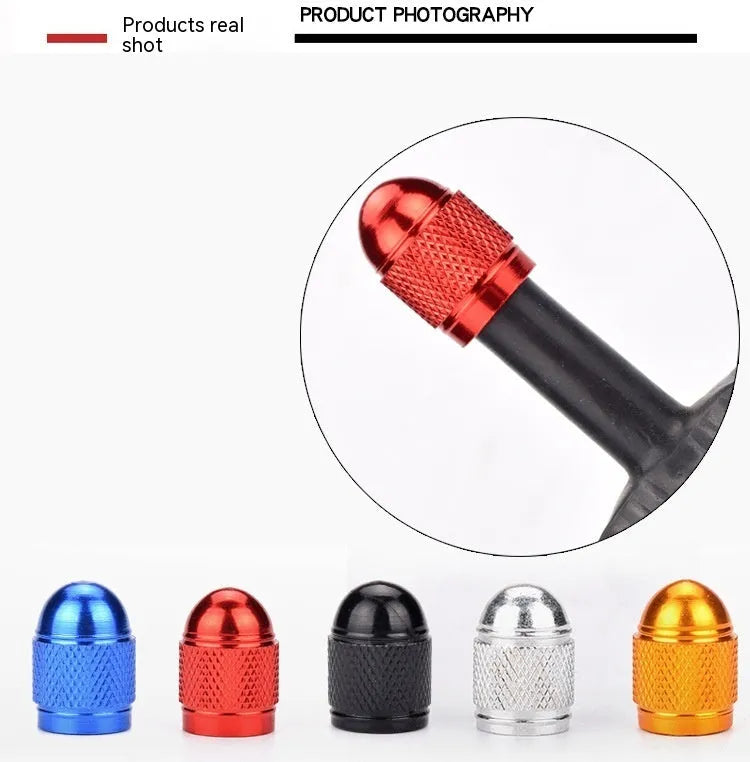 Aluminium alloy mountain bike tyre valve cap in black, blue, gold, red, and silver colour options.