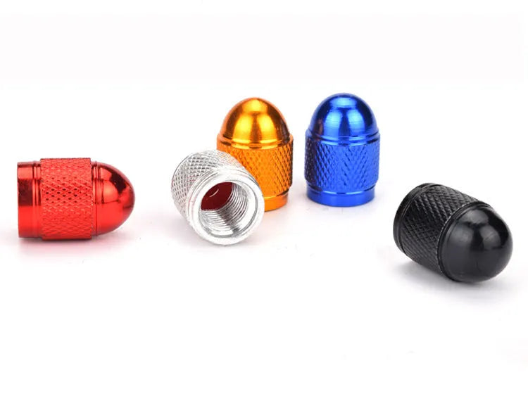 Aluminium alloy mountain bike tyre valve cap in black, blue, gold, red, and silver colour options.