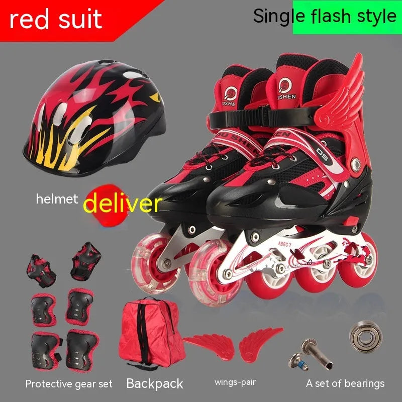 Yellow adjustable children's inline skates with aluminium frame, shown with matching helmet, protective gear, and backpack.