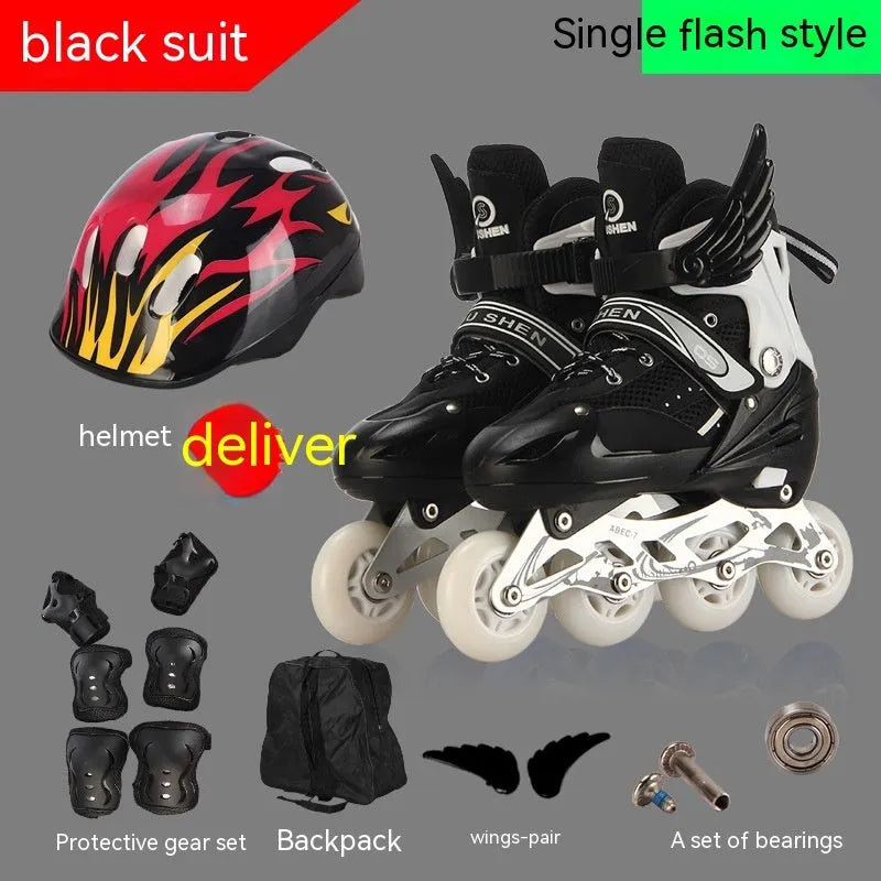 Yellow adjustable children's inline skates with aluminium frame, shown with matching helmet, protective gear, and backpack.