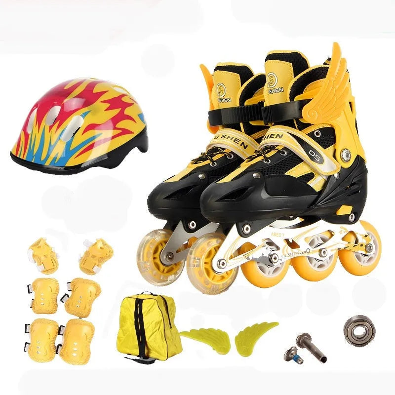 Yellow adjustable children's inline skates with aluminium frame, shown with matching helmet, protective gear, and backpack.