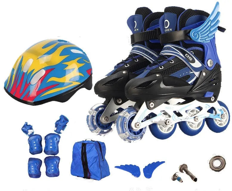 Yellow adjustable children's inline skates with aluminium frame, shown with matching helmet, protective gear, and backpack.