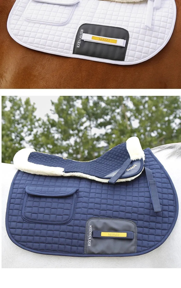 Riding saddle pad with shock absorption in wool blend fabric for equestrian and cycling