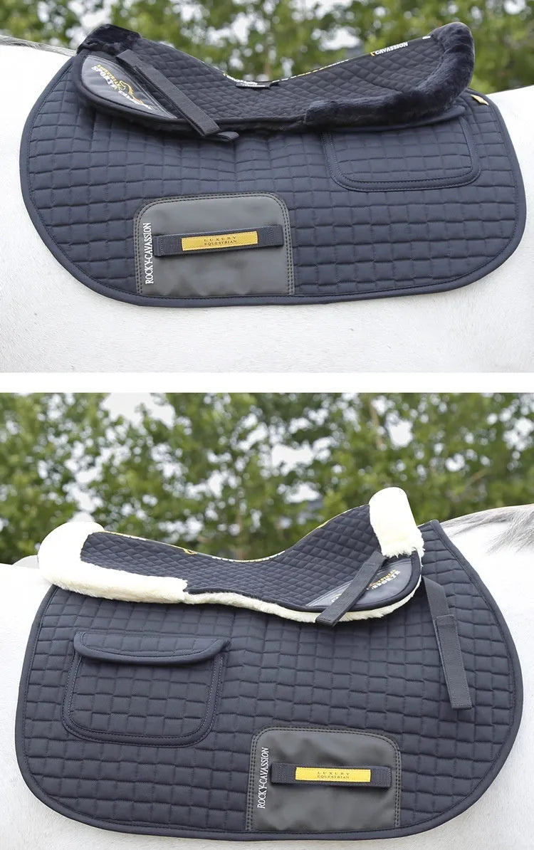 Riding saddle pad with shock absorption in wool blend fabric for equestrian and cycling