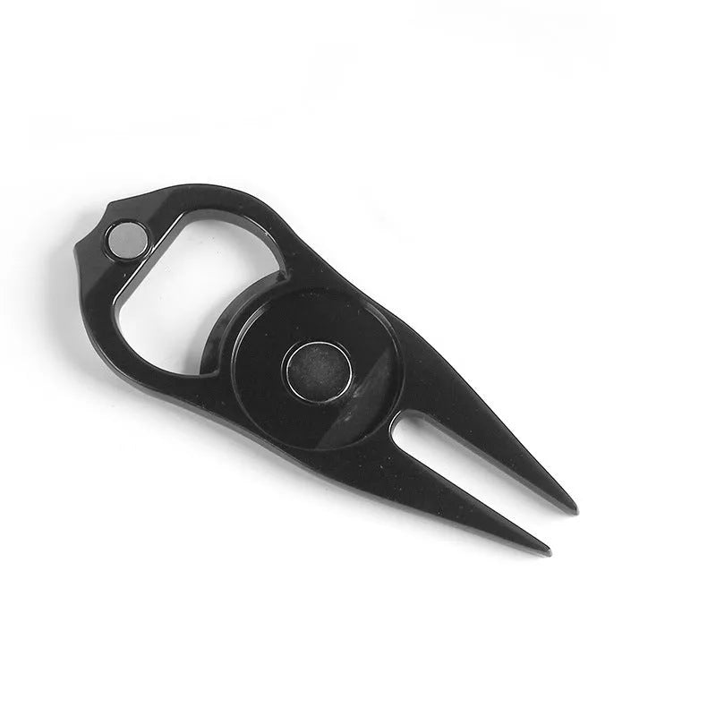 Zinc alloy golf ball marking fork with bottle opener in green, black, or silver colour options