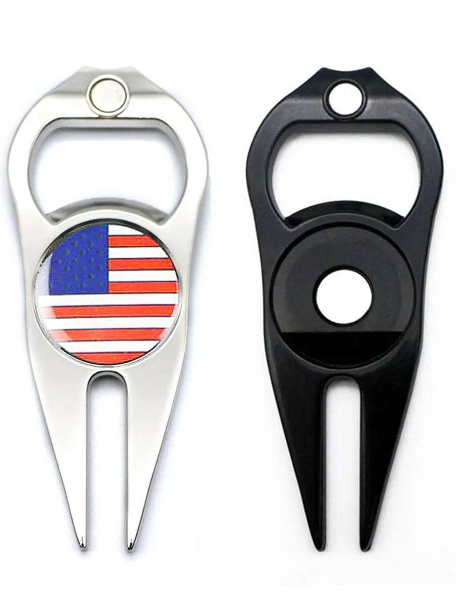 Zinc alloy golf ball marking fork with bottle opener in green, black, or silver colour options