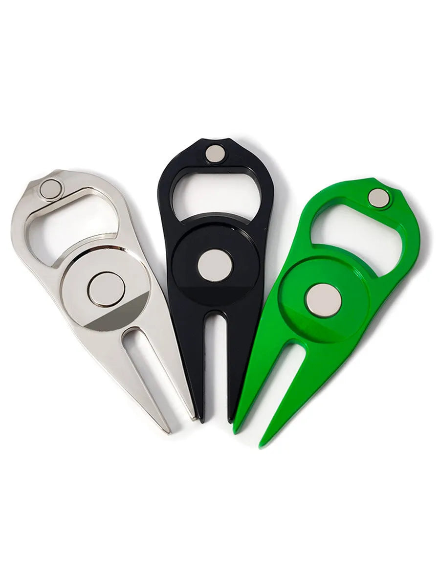 Zinc alloy golf ball marking fork with bottle opener in green, black, or silver colour options