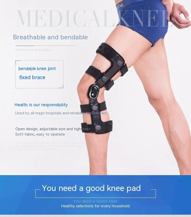 Black anterior ligament knee pad supporter showing multi-material construction and buckle fastenings.
