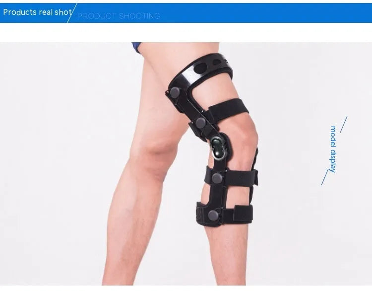 Black anterior ligament knee pad supporter showing multi-material construction and buckle fastenings.