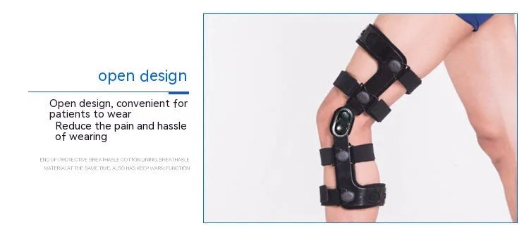 Black anterior ligament knee pad supporter showing multi-material construction and buckle fastenings.