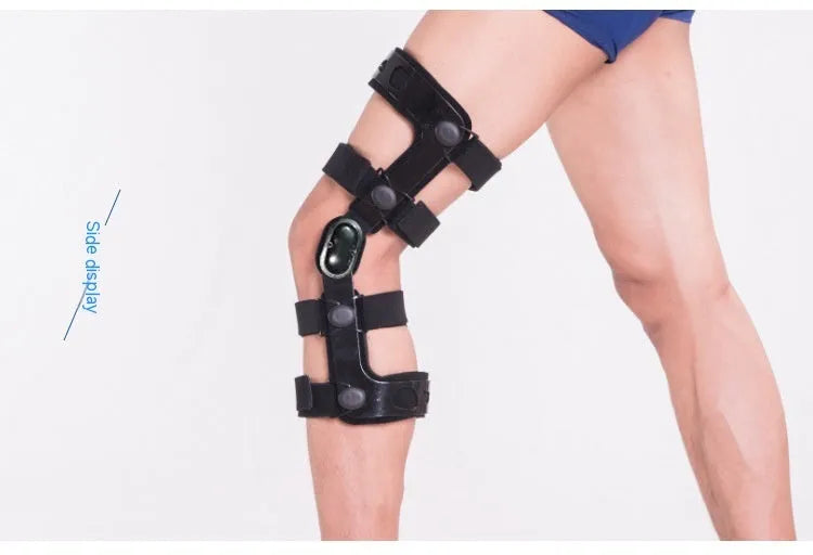 Black anterior ligament knee pad supporter showing multi-material construction and buckle fastenings.