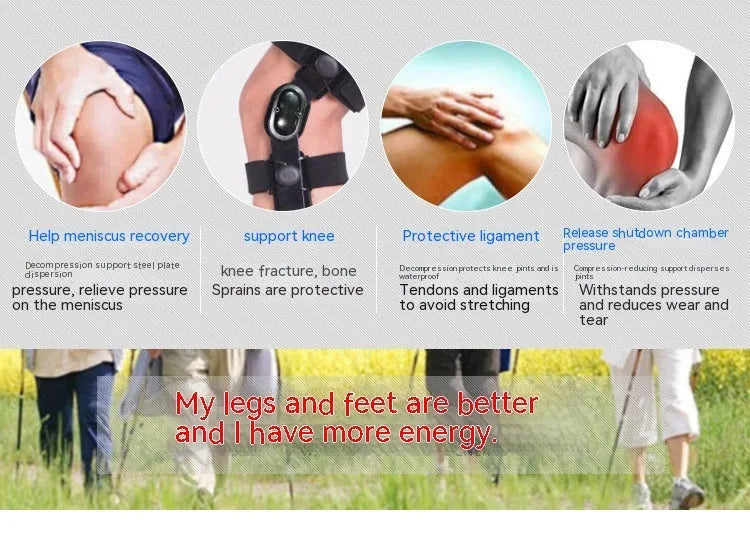 Black anterior ligament knee pad supporter showing multi-material construction and buckle fastenings.
