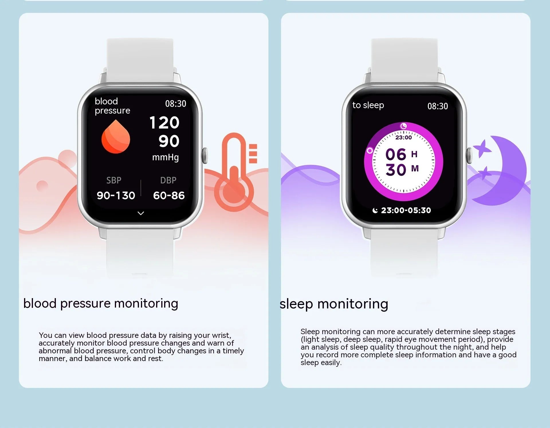 Black Bluetooth smart watch with touch screen displaying heart rate and step count data.