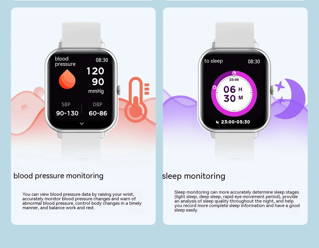 Bluetooth smart watch with AI voice heart rate monitoring in black, silver gray, pink and khaki colours