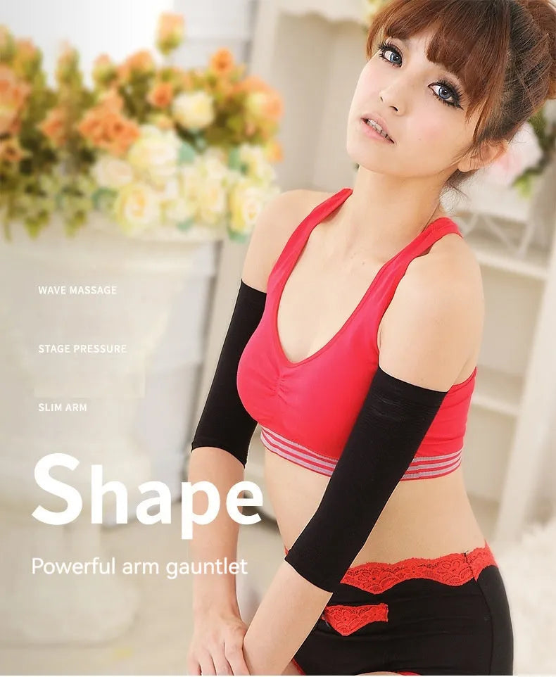 Women's nylon arm sleeves in black and skin tone colours showing shaping compression design