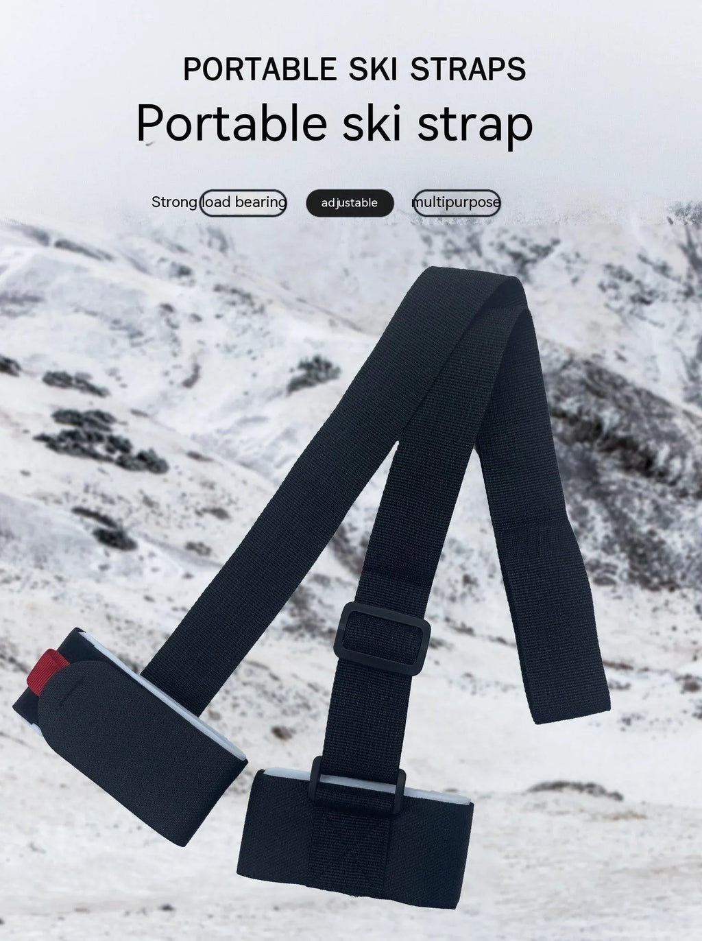 Adjustable hook and loop ski bandage shoulder strap in black colour
