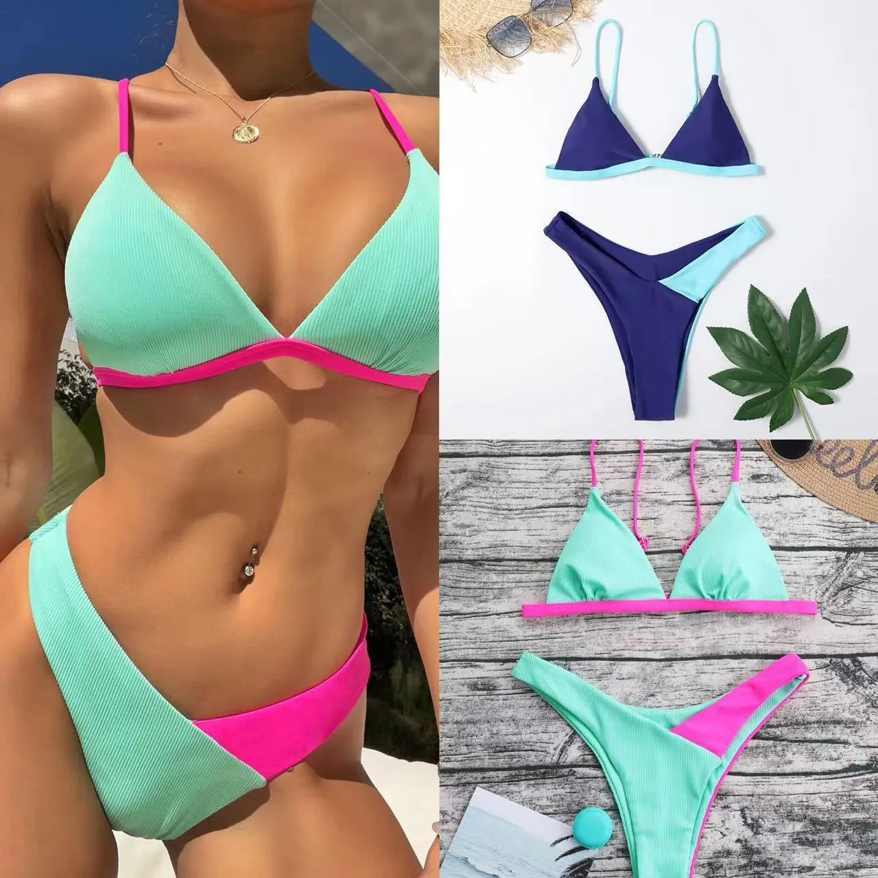 Women's two-piece swimsuit set with patterned design and brief-style bottoms