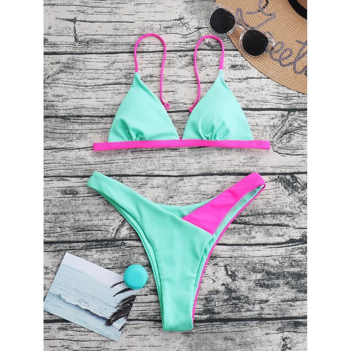 Women's two-piece swimsuit set with patterned design and brief-style bottoms