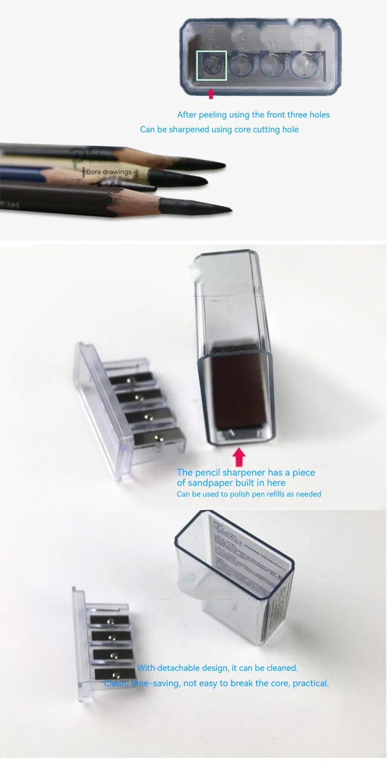 Four-hole geometric pencil sharpener with four blades for art sketching projects
